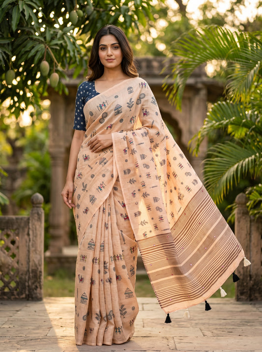 Amthi Peach Linen Saree with Warli Tribal Print, Mirror Work Border