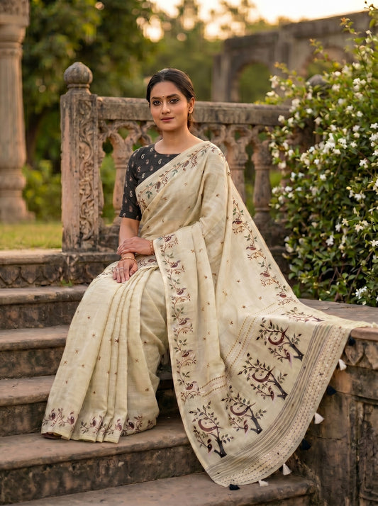 Amthi Cream Pure Linen Saree with Bird & Mirror Work Floral Vine Block Print