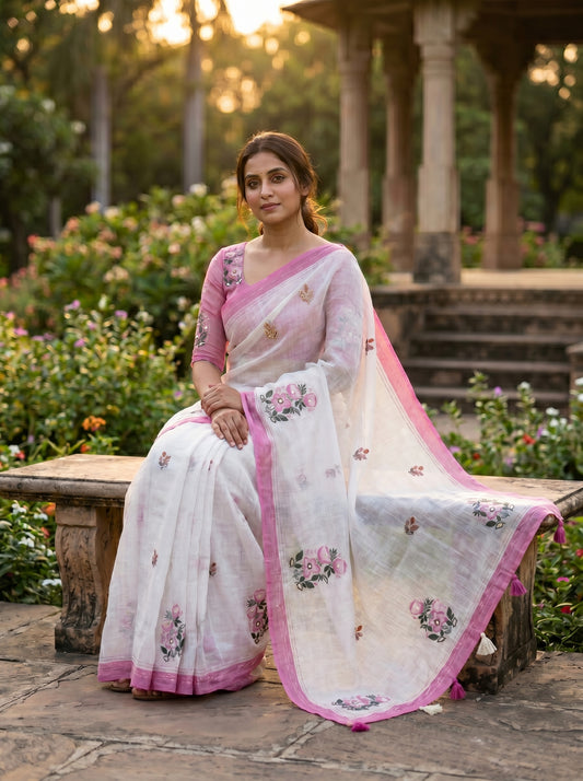 Amthi White Linen Saree with Pink Floral Print | Aari Mirror Work | Gold Thread Embroidery | Tassel Pallu