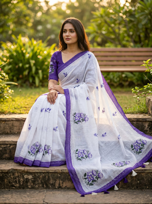 Amthi White Linen Saree with Purple Floral Print | Aari Mirror Work