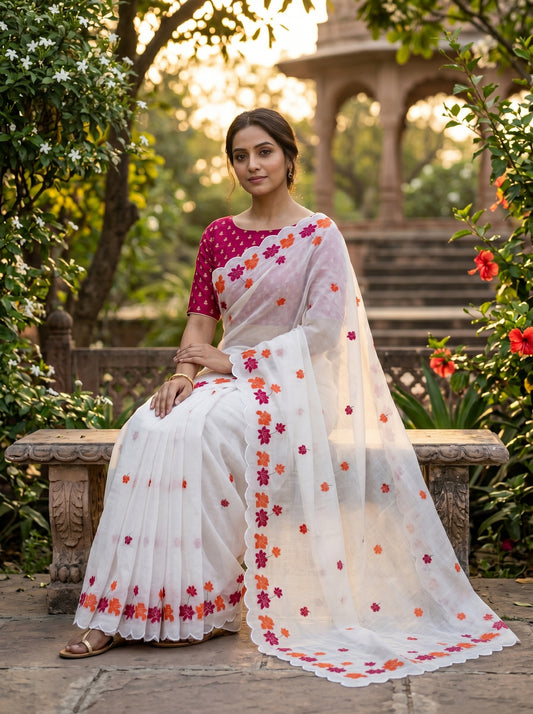 Amthi White Linen Saree with Lotus Floral , Gold Zari Aari Embroidery & Scallop Cut Border