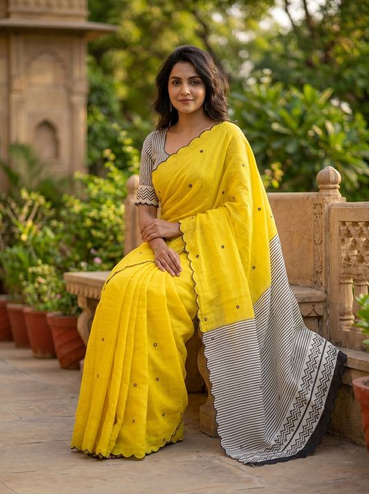 Amthi Yellow Linen Saree with Mirror Work & Scallop Cut Border | Haldi Saree |