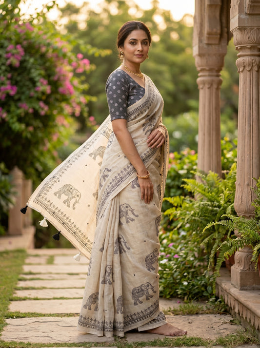 Amthi Off White Pure Linen Saree with Elephant Block Print, Mirror Work & Tribal Border