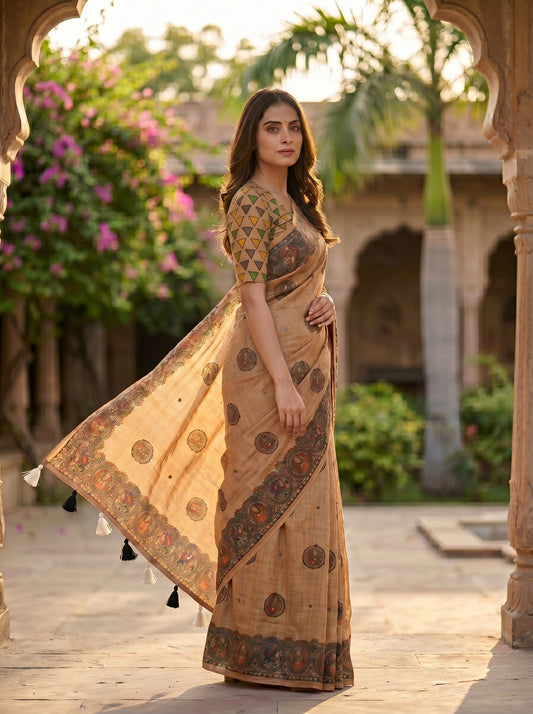 Light Brown Linen Saree with Kalamkari Circular Medallion Print & Mirror Work