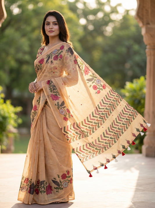 Amthi Linen Saree with Running Blouse Piece | Floral Digital Print| Tassel Pallu