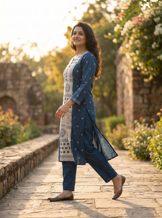 Amthi Teal Blue Straight Block Print Pure Linen Kurta for Women