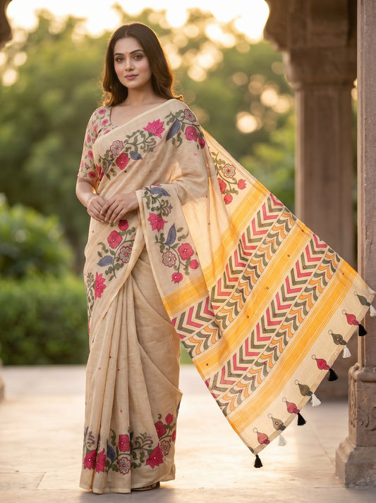 Amthi Beige Linen Saree with Digital Floral Print, Mirror Work & Tassel Pallu