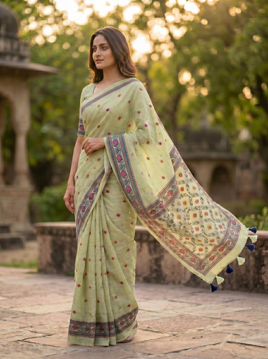Amthi Pista Green Pure Linen Saree with Mirror Work & Floral Block Print