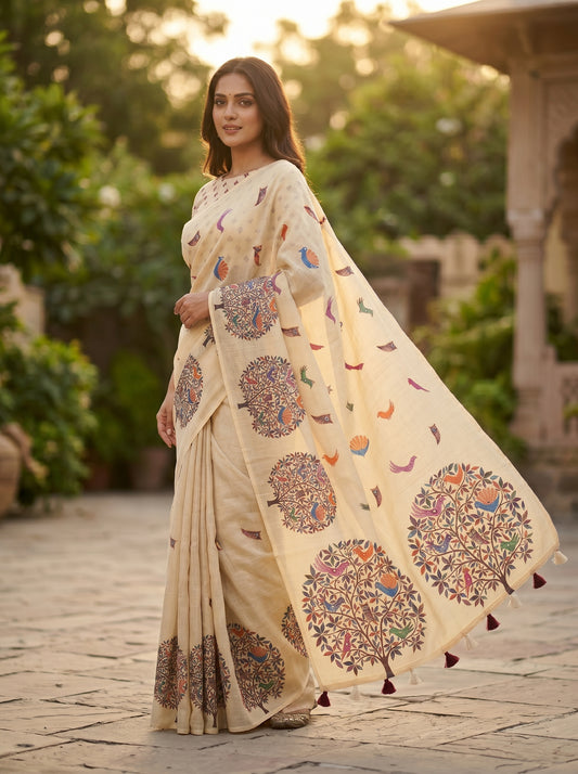 Amthi Cream Pure Linen Saree with Tree of Life & Colourful Bird Print | Tassel Pallu