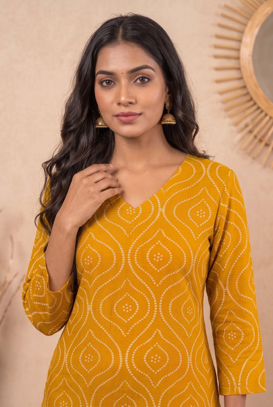 Amthi Mustard Bandhani Print Straight Kurta| Rayon Daily Wear Kurti For Women
