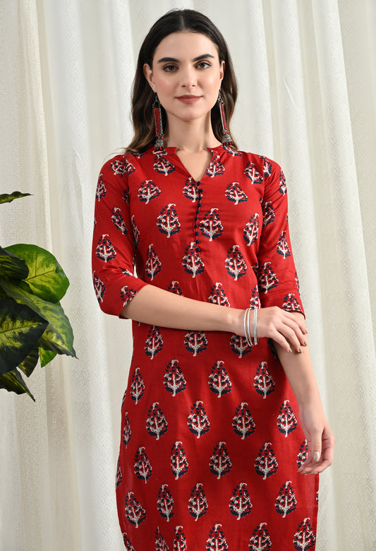 Amthi Red Pure Cotton Floral Block Printed Straight Kurta For Women