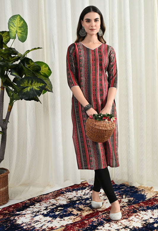 Amthi Red Chanderi V - Neck Geometric Printed Kurta For Women