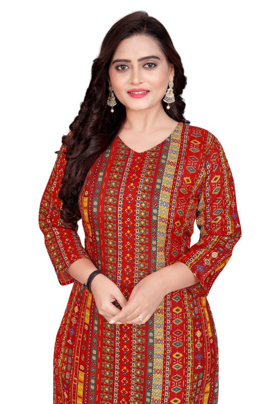 Amthi Red Ethnic Foil Print Cotton Blend Kurta for Women