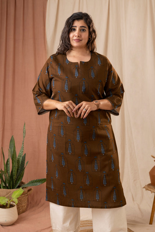 Amthi Women's Brown Cotton Printed Straight Kurta | Daily Wear Kurti