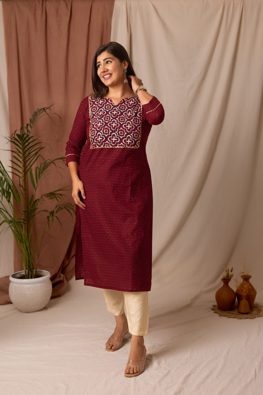 Amthi Women's Maroon Rayon Straight Printed Kurta | Daily Wear Kurti