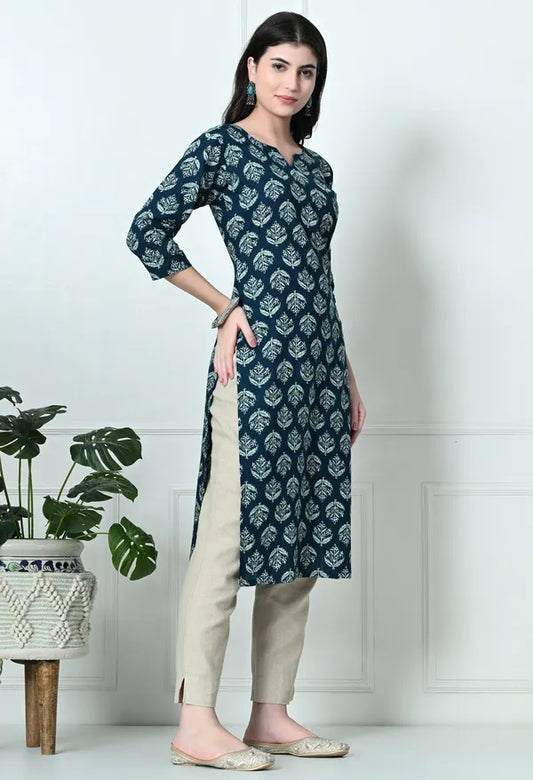 Amthi Teal Block Print Straight Kurta For Women| Daily Wear Kurti