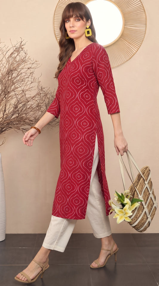 Amthi Maroon Bandhani Print Straight Kurta| Rayon Daily Wear Kurti For Women