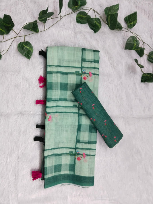 Amthi Sea Green Linen Cotton Saree| Checked & Floral Print| Tassel Border