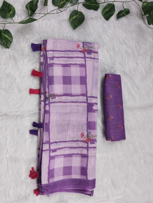 Amthi Lavender Linen Cotton Saree| Checked & Floral Print Design