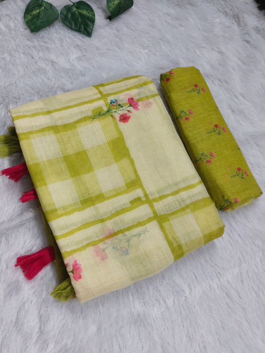 Amthi Olive Lime Green Linen Cotton Daily Wear Saree For Women