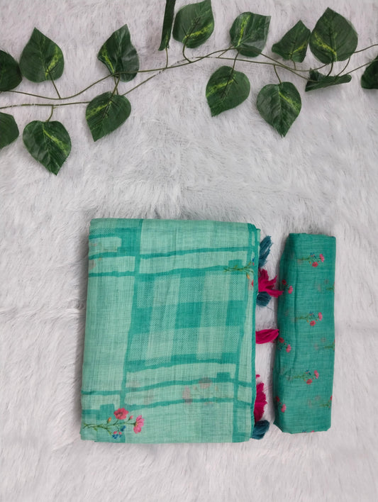 Amthi Rama Green Linen Cotton Saree | Check & Floral Print| Daily Wear Saree