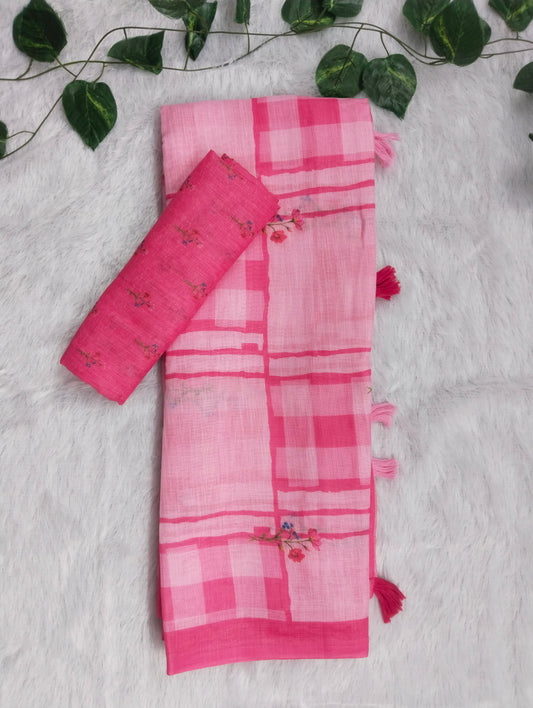Amthi Pink Linen Cotton Saree| Checked & Floral Print Design