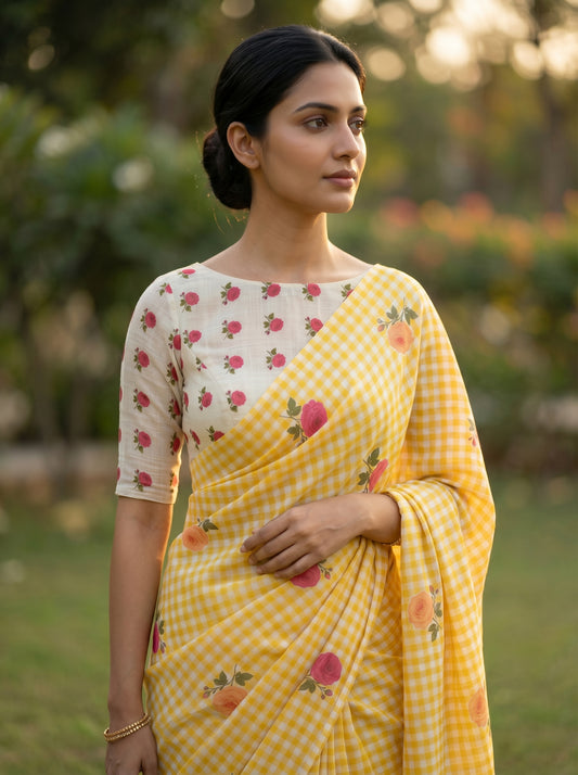 Amthi Yellow Checkered Linen Saree with Floral Motif Print and Contrast Blouse