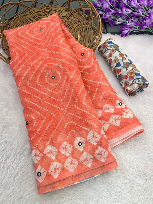 Amthi Cotton Linen Gajri Print Mirror Work Kalamkari Tessel Pallu Saree