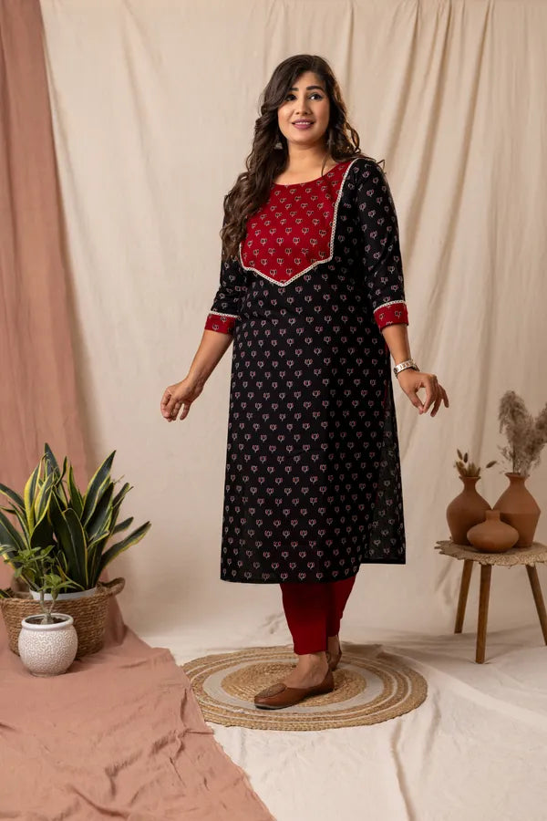 Amthi Women’s Red & Black Rayon Floral Printed Straight Kurta