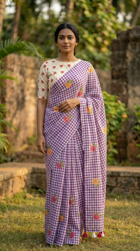 Amthi Purple Floral Checked Linen Saree with Contrast White Blouse