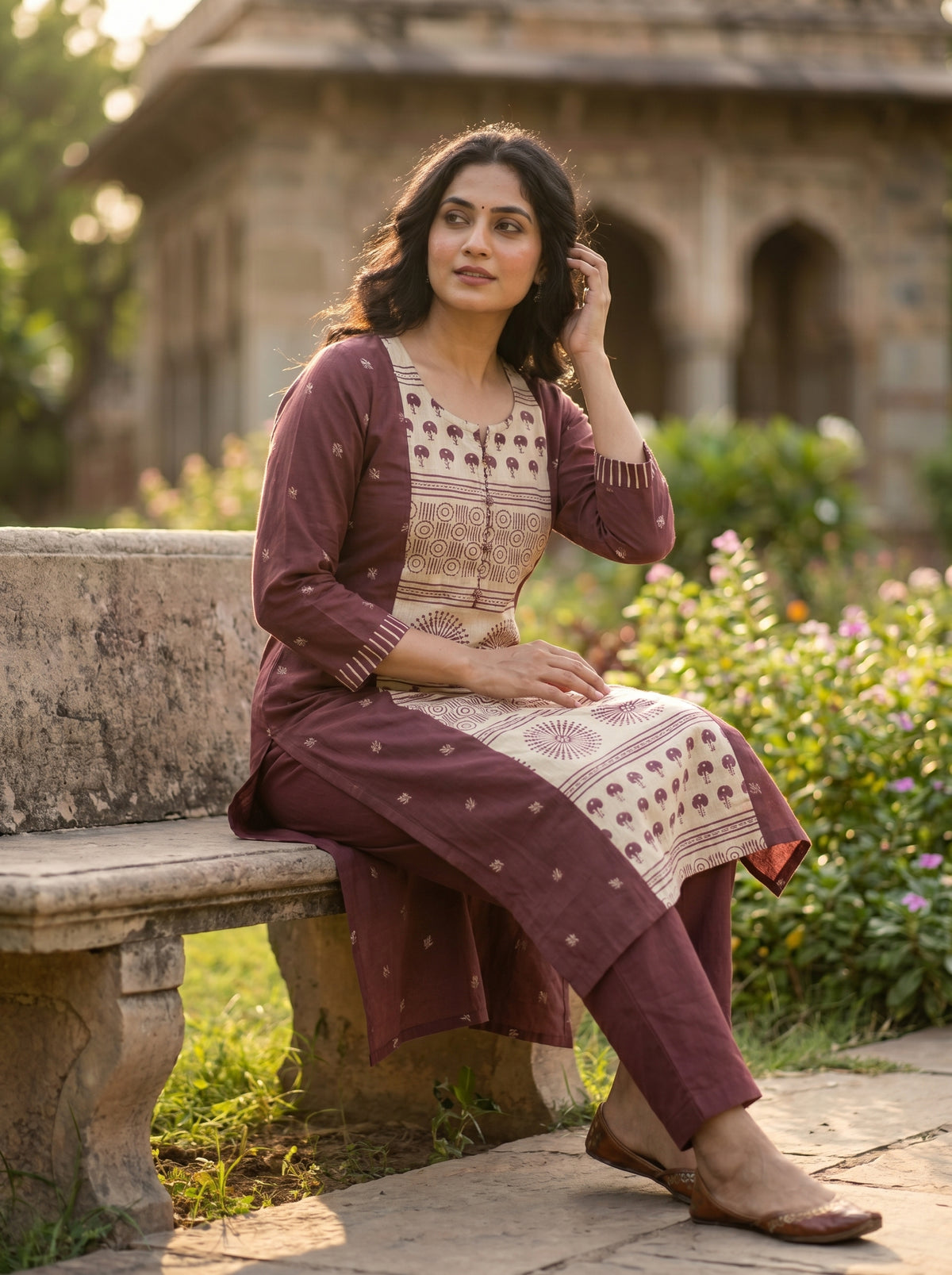 Amthi Mauve Straight Pure Linen Block Print Kurta for Women