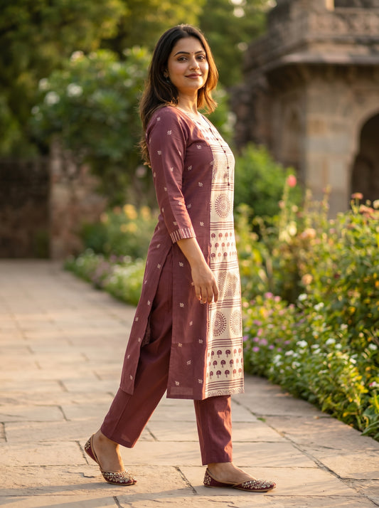 Amthi Mauve Straight Pure Linen Block Print Kurta for Women