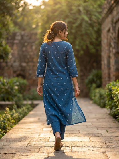 Amthi Teal Blue Straight Block Print Pure Linen Kurta for Women