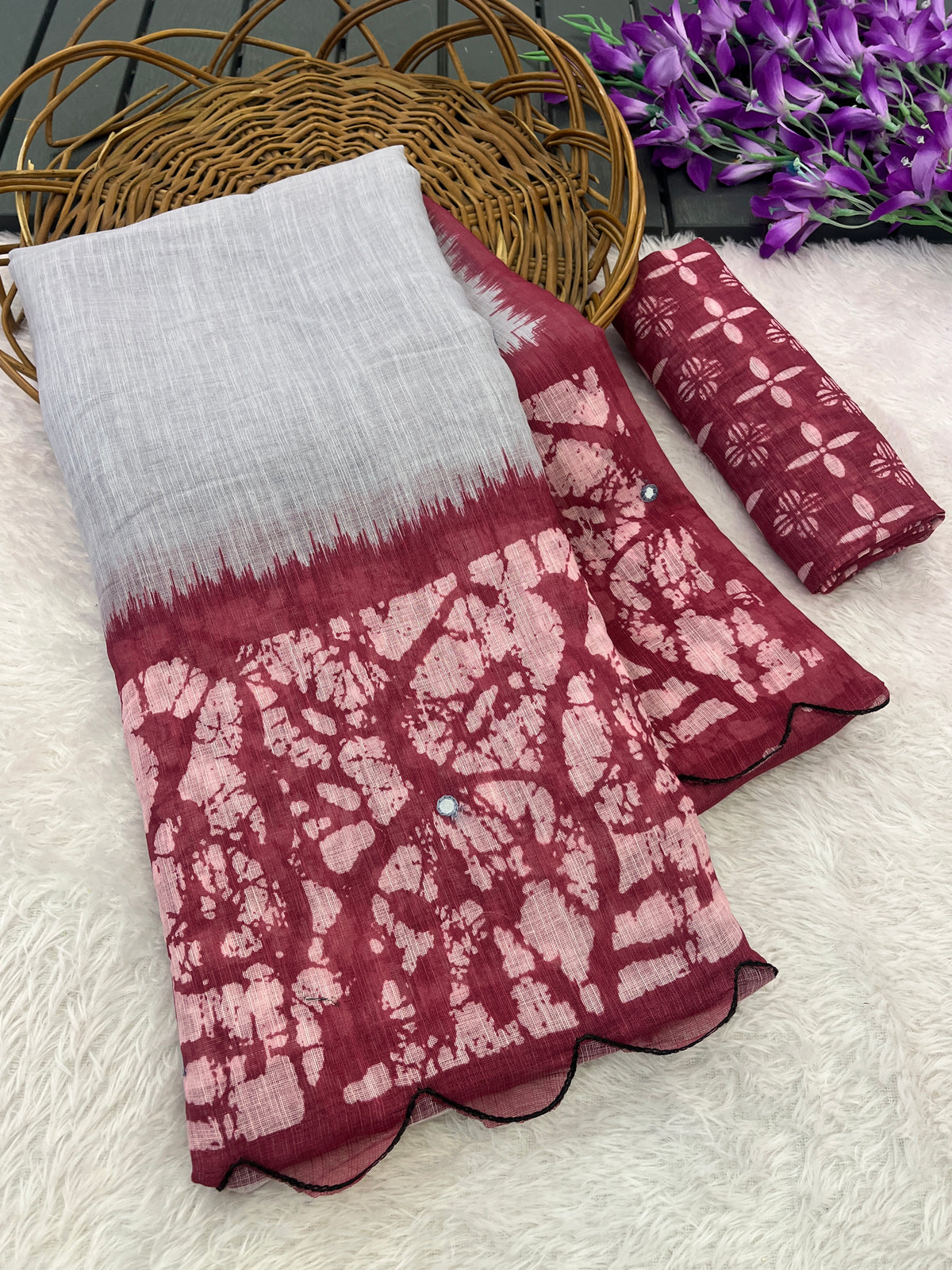 Amthi Cotton Linen Coral Batik Digital Print Mirror Work Saree