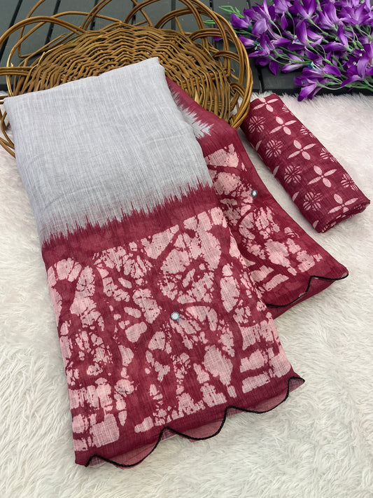 Amthi Cotton Linen Coral Batik Digital Print Mirror Work Saree