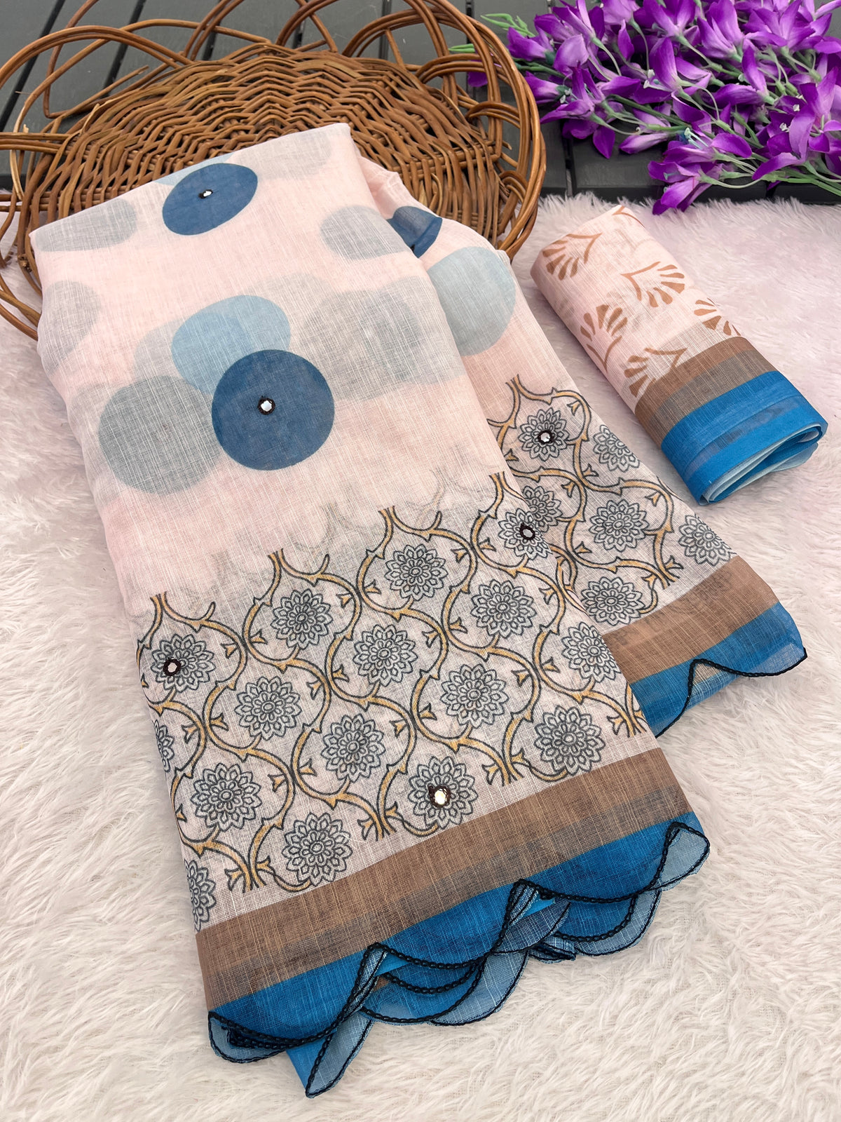 Amthi Cotton Linen Beige Rama Polka Dot Digital Print Border Scallop Saree
