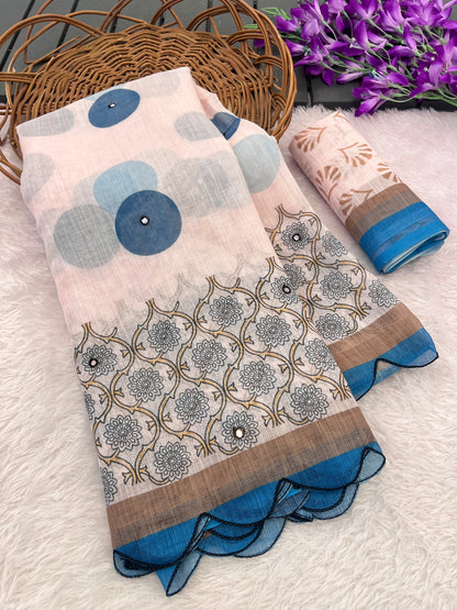 Amthi Cotton Linen Beige Rama Polka Dot Digital Print Border Scallop Saree