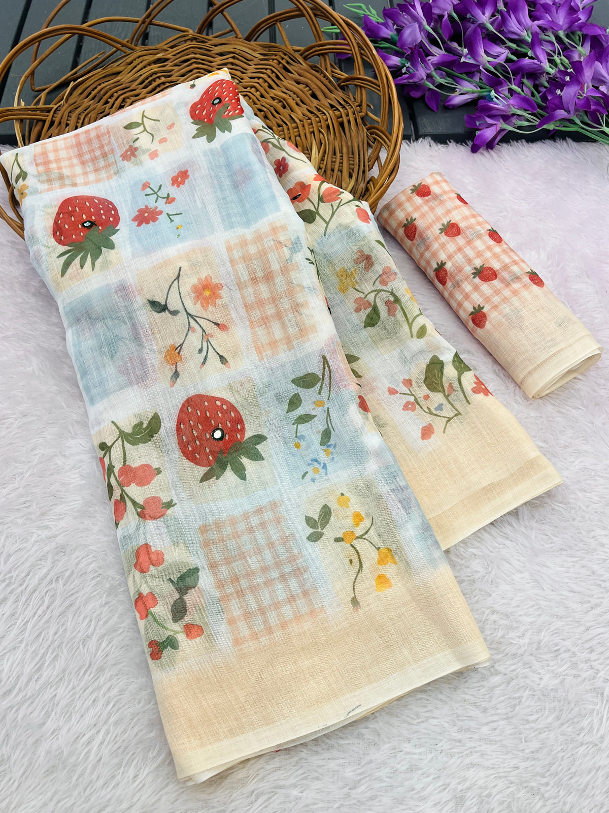 Amthi Linen Cream Strawberry Floral Digital Print Mirror Work Check Tassel Saree