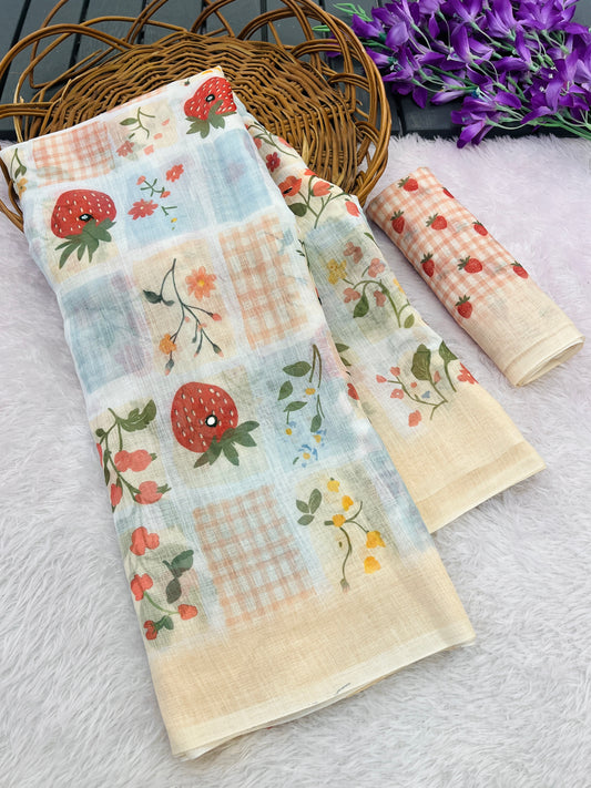 Amthi Linen Cream Strawberry Floral Digital Print Mirror Work Check Tassel Saree