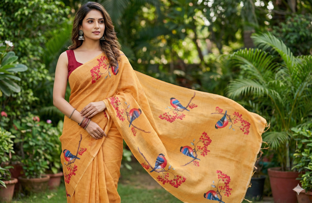 Amthi Yellow Linen Saree with Bird Print –Unstitched Blouse Piece | Summer Ethnic Wear for Women