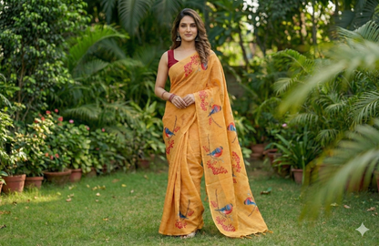 Amthi Yellow Linen Saree with Bird Print –Unstitched Blouse Piece | Summer Ethnic Wear for Women