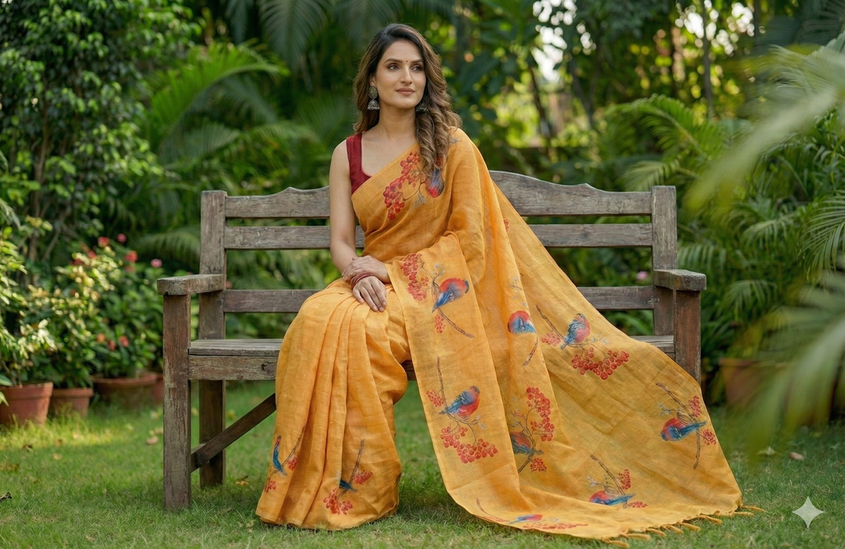 Amthi Yellow Linen Saree with Bird Print –Unstitched Blouse Piece | Summer Ethnic Wear for Women