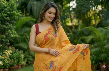 Amthi Yellow Linen Saree with Bird Print –Unstitched Blouse Piece | Summer Ethnic Wear for Women