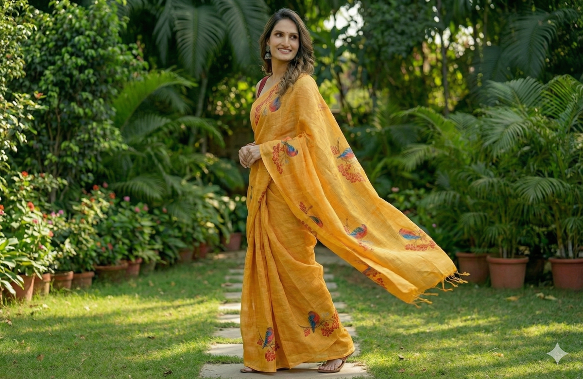 Amthi Yellow Linen Saree with Bird Print –Unstitched Blouse Piece | Summer Ethnic Wear for Women