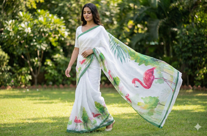 Amthi White Linen Saree with Flamingo Print & Unstitched Blouse Piece | Soft Linen Summer Saree
