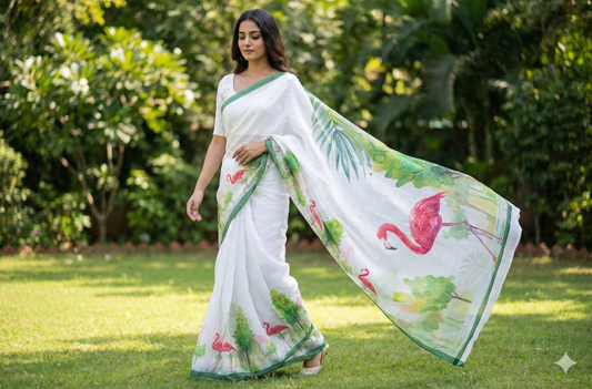 Amthi White Linen Saree with Flamingo Print & Unstitched Blouse Piece | Soft Linen Summer Saree