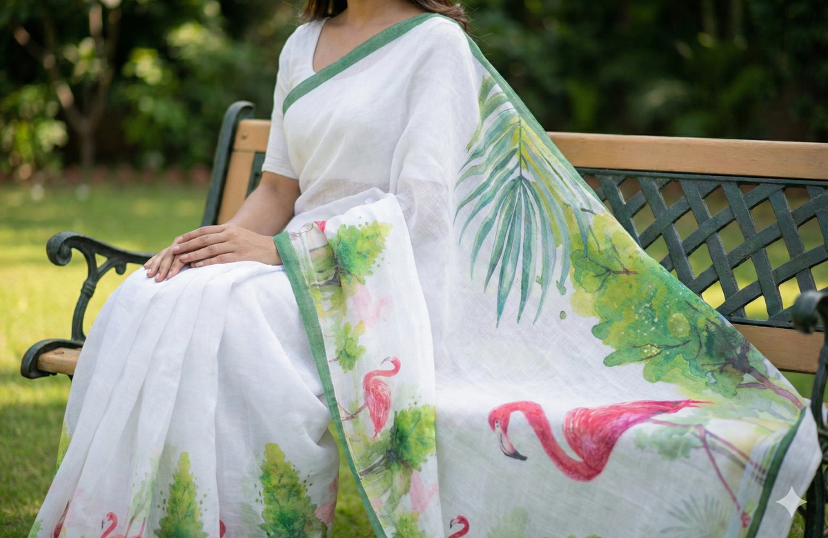 Amthi White Linen Saree with Flamingo Print & Unstitched Blouse Piece | Soft Linen Summer Saree