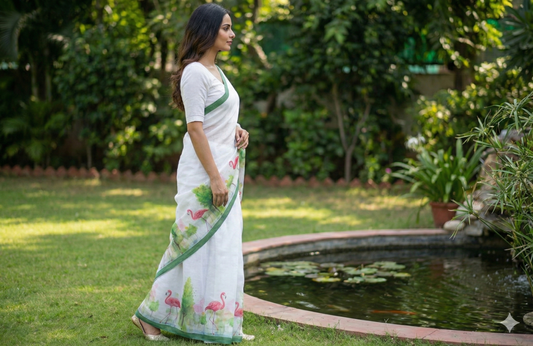 Amthi White Linen Saree with Flamingo Print & Unstitched Blouse Piece | Soft Linen Summer Saree