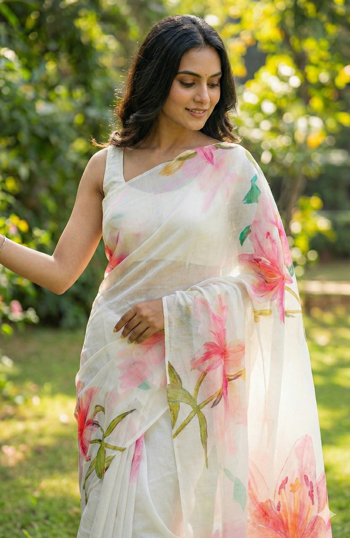 Amthi Women's Cotton Linen Mustard Yellow Floral Print Daily Wear Saree