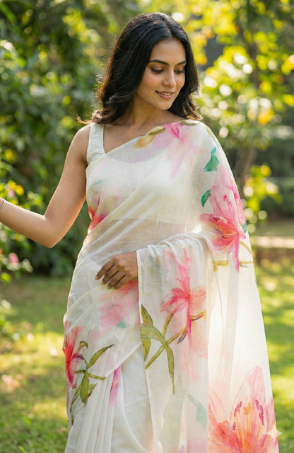 Amthi Women's Cotton Linen Mustard Yellow Floral Print Daily Wear Saree